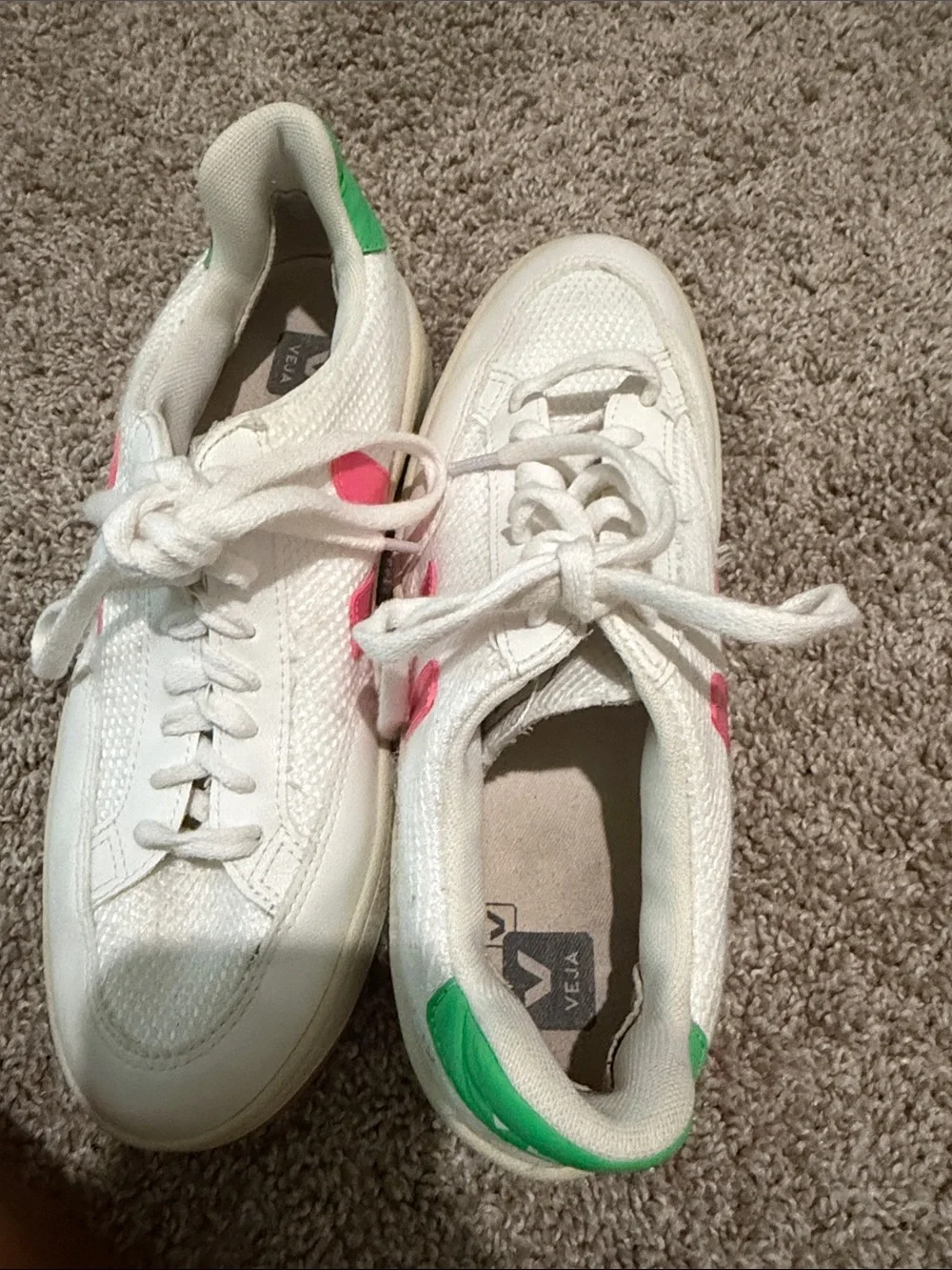 Veja White Sneakers with Pink V and Green Heel Tab